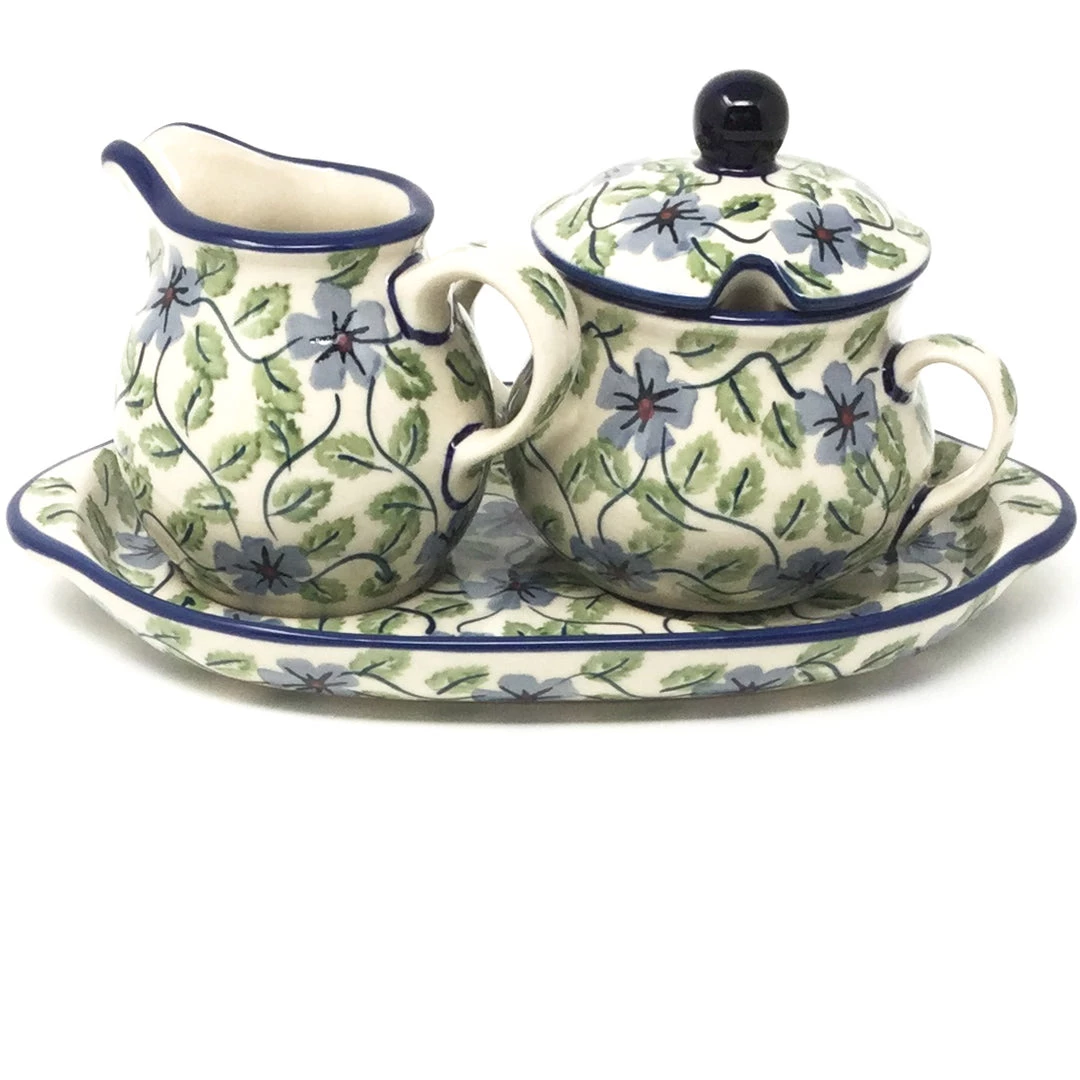 Janelle Imports Creamer & Sugar Set W/Tray In Blue Clematis 3 Janelle Imports Creamer & Sugar Set W/Tray In Blue Clematis