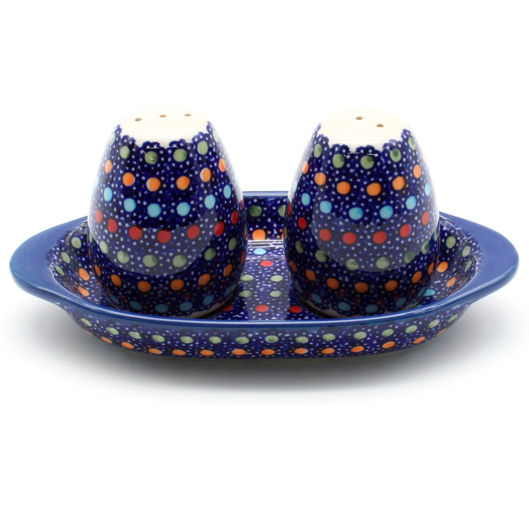 Janelle Imports Salt & Pepper Set W/Tray In Multi-Colored Dots 3 Janelle Imports Salt & Pepper Set W/Tray In Multi-Colored Dots