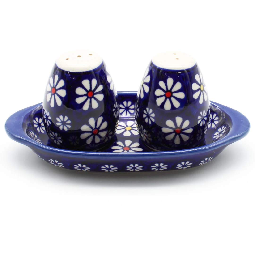 Janelle Imports Salt & Pepper Set W/Tray In Flowers On Blue 3 Janelle Imports Salt & Pepper Set W/Tray In Flowers On Blue