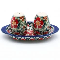 Janelle Imports Salt & Pepper Set W/Tray In Red Poppies