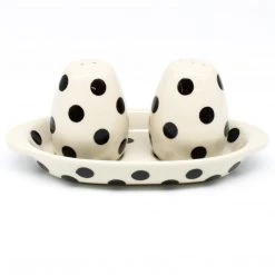 Janelle Imports Salt & Pepper Set W/Tray In Black Polka-Dot