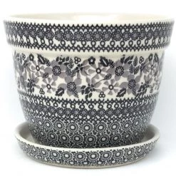 Janelle Imports Lg Flower Pot W/Plate In Gray & Black