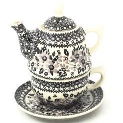 Janelle Imports Teapot W/Cup & Saucer In Gray & Black