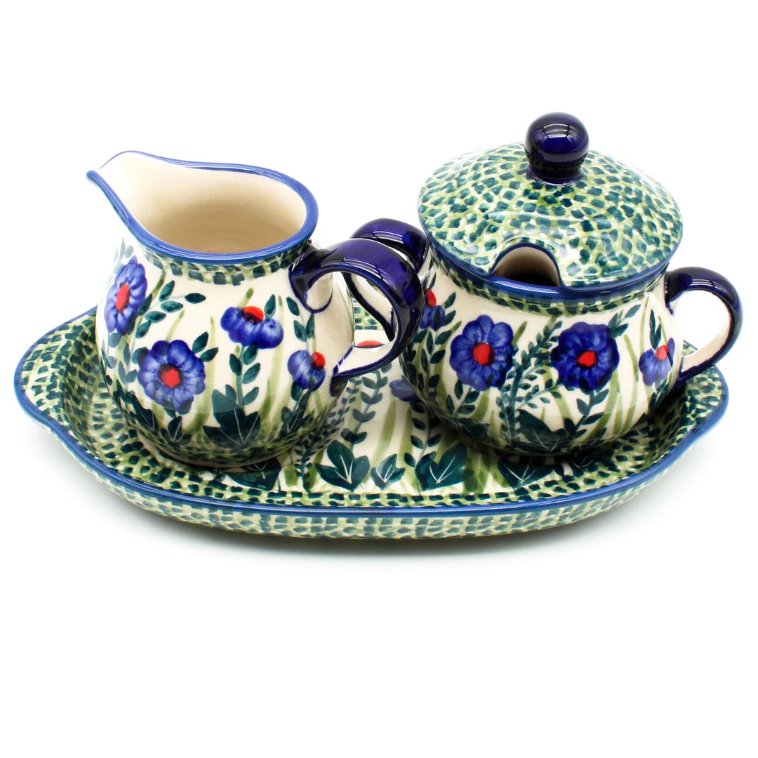 Janelle Imports Creamer & Sugar Set W/Tray In Gill's Blue 3 Janelle Imports Creamer & Sugar Set W/Tray In Gill's Blue