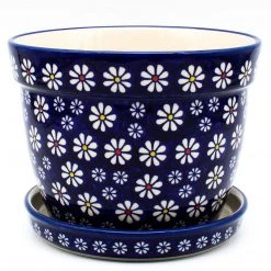 Janelle Imports Lg Flower Pot W/Plate In Flowers On Blue