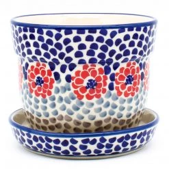 Janelle Imports Sm Flower Pot W/Plate In Red Zinnia